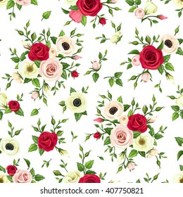 Vector seamless pattern with red, pink and white roses, lisianthuses and anemone flowers and green leaves on a white background.