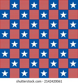 Vector seamless pattern red plaid white star on blue background