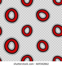 Vector seamless pattern with red polka dot. Hand drawn cute and funny fashion illustration patches or stickers kit. Modern doodle pop art sketch badges and pins