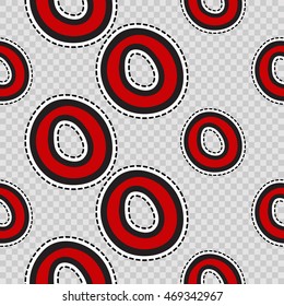 Vector seamless pattern with red polka dot. Hand drawn cute and funny fashion illustration patches or stickers kit. Modern doodle pop art sketch badges and pins
