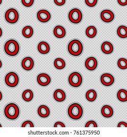 Vector seamless pattern with red polka dot. Hand drawn cute and funny fashion illustration patches or stickers kit. Modern doodle pop art sketch badges and pins