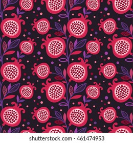 Vector seamless pattern with red pomegranate fruit on a black background. Vector Illustration with flowers and peas. 