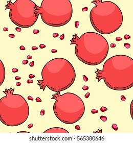 Vector seamless pattern with red pomegranate fruit and seeds.