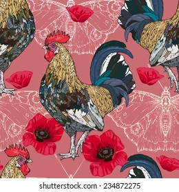 Vector seamless pattern with red poppies, butterflies silhouettes and roosters