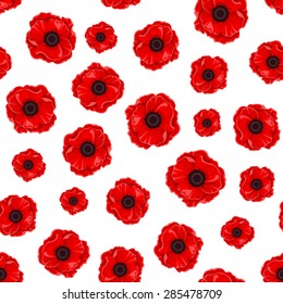 Vector seamless pattern with red poppies on a white background.