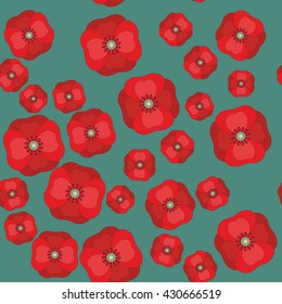 Vector seamless pattern with red poppies on color background