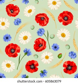 Vector seamless pattern with red poppies, white daisies, blue cornflowers and ears of wheat on a green background.