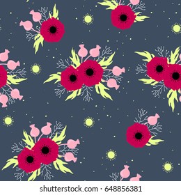 Vector seamless pattern with red poppies. Flowers background