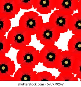 Vector Seamless pattern with red poppies on a white background. Seamless floral pattern for textiles, fabrics, wall-coverings, interior, wallpaper. 