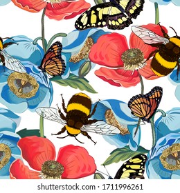 Vector seamless pattern of red poppy flowers with bumblebee, insects, butterflies, bee illustration. Bright floral background. International Bee Day. Modern style. Creative style