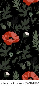 Vector seamless pattern with red poppy flowers and green foliage
