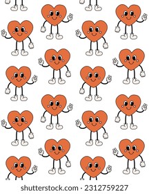 Vector seamless pattern of red retro groovy cartoon heart isolated on white background