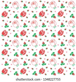 Vector seamless pattern of red rose, rose buds  and hearts. EPS 10 Files contains the pattern swatch.