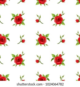 Vector seamless pattern with red roses on a white background.