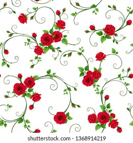Vector seamless pattern with red roses on a white background.
