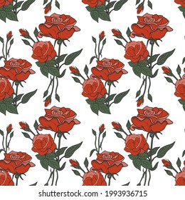 Vector of seamless pattern with red roses leaves and buds on white background