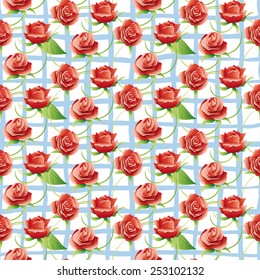 Vector seamless pattern with red roses. Flowers and green leaves on a white background.