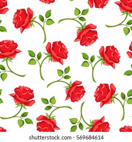 Vector seamless pattern with red roses on a white background.