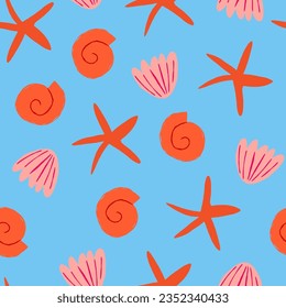 Vector seamless pattern with red seashells on light blue background. Simple ocean pattern with seashells. Sea star, shell, starfish