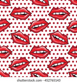 vector seamless pattern of red sexy lips on a white background with red dots. Vector illustration for print. Wrapping paper, valentine day, greeting,love.