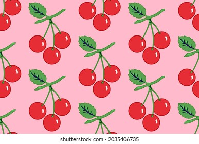 Vector seamless pattern of red shiny cherries on pink background.