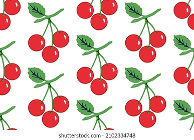 Vector seamless pattern of red shiny cherries on white background.