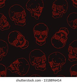 Vector Seamless Pattern of Red Sketch Skulls on Black Background