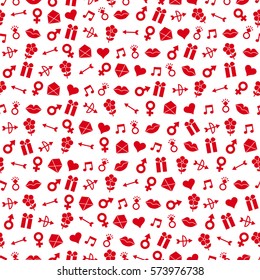 Vector Seamless Pattern with red small heart, bow, arrows, flower, gift box, lips, female and man symbols, note, diamond ring. For Valentines Day or wedding designs