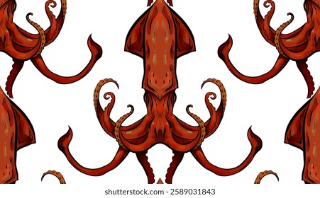Vector seamless pattern with red squids on a white background. Texture with cartoon sea inhabitants with tentacles for wallpapers and fabrics.