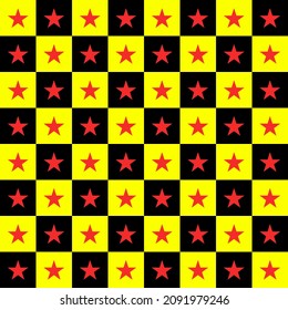 Vector of seamless pattern. The red star in yellow and black square. Pattern for dress, cloth, wrapping paper, curtains.