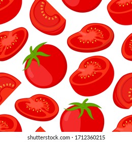 Vector seamless pattern of red tomato - sliced, half and whole vegetable. Organic product in cartoon flat style, vitamin nutrition.