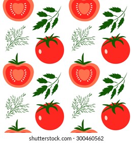Vector seamless pattern with red tomatoes. Great for design of healthy lifestyle or diet. For wrapping paper, textiles and other food designs.Vector illustration.
