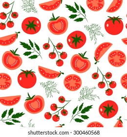 Vector seamless pattern with red tomatoes. Great for design of healthy lifestyle or diet. For wrapping paper, textiles and other food designs.Vector illustration.