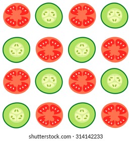 Vector seamless pattern with red tomatoes and ripe cucumbers. Great for design of healthy lifestyle or diet. For wrapping paper, textiles and other food designs.Vector illustration.