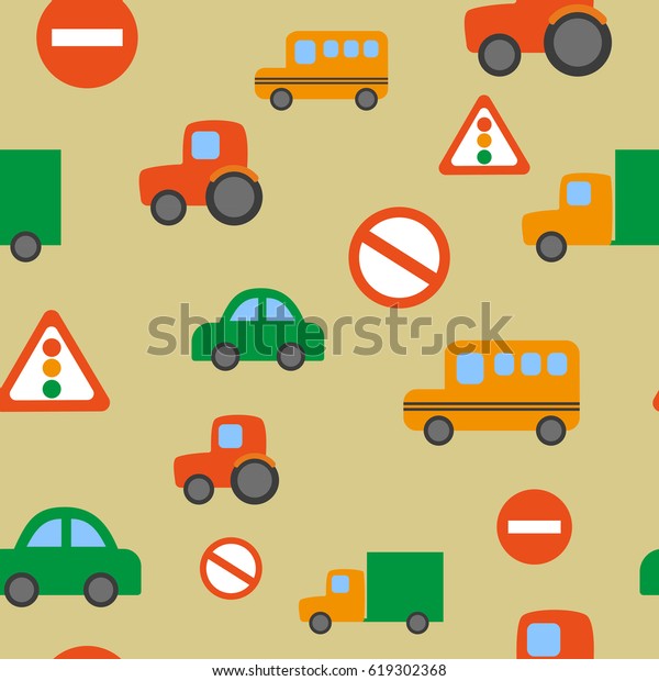 vector seamless\
pattern of red tractor, green car, yellow bus, green truck, road\
signs, traffic lights 