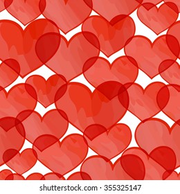 Vector seamless pattern of red transparent watercolor hearts