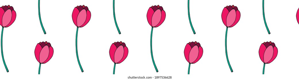 Vector seamless pattern with red tulip flowers. Hand drawn doodle spring texture, background. For wrapping paper, textile, greeting card, wedding, birthday, mother's or women's or Valentine's Day