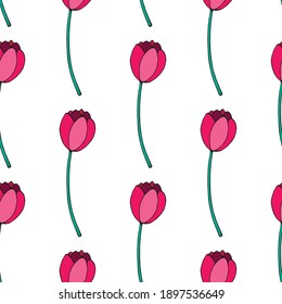 Vector seamless pattern with red tulip flowers. Hand drawn doodle spring texture, background. For wrapping paper, textile, greeting card, wedding, birthday, mother's or women's or Valentine's Day