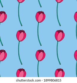 Vector seamless pattern with red tulip flowers. Hand drawn doodle spring texture, background. For wrapping paper, textile, greeting card, wedding, birthday, mother's or women's or Valentine's Day