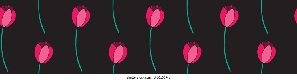 Vector seamless pattern with red tulip flowers. Hand drawn doodle spring texture, background. For wrapping paper, textile, greeting card, wedding, birthday, mother's or women's or Valentine's Day