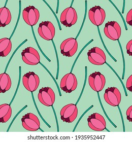 Vector seamless pattern with red tulip flowers. Hand drawn doodle spring texture, background. For wrapping paper, textile, greeting card, wedding, birthday, mother's or women's or Valentine's Day