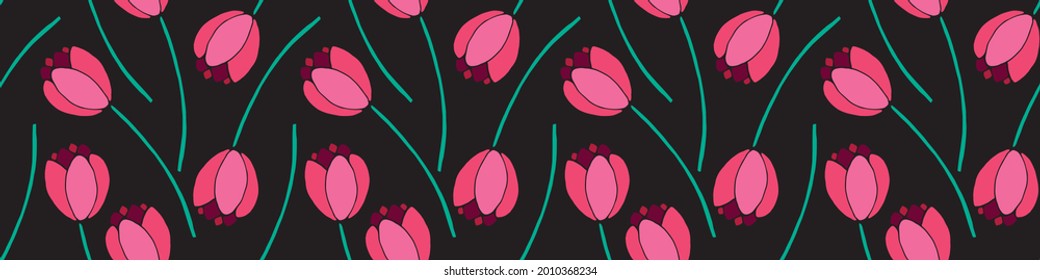Vector seamless pattern with red tulip flowers. Hand drawn doodle spring texture, background. For wrapping paper, textile, greeting card, wedding, birthday, mother's or women's or Valentine's Day