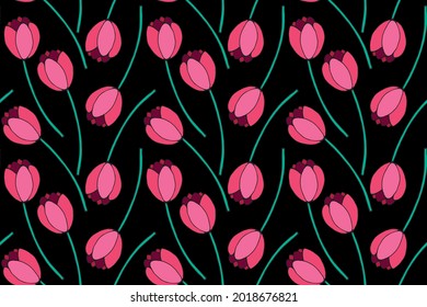 Vector seamless pattern with red tulip flowers. Hand drawn doodle spring texture, background. For wrapping paper, textile, greeting card, wedding, birthday, mother's or women's or Valentine's Day