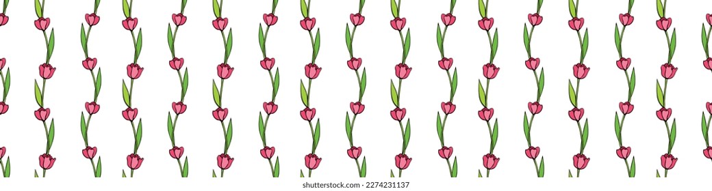 Vector seamless pattern with red tulip flowers. Hand drawn doodle spring texture, background. For wrapping paper, textile, greeting card, wedding, birthday, mother's or women's or Valentine's Day