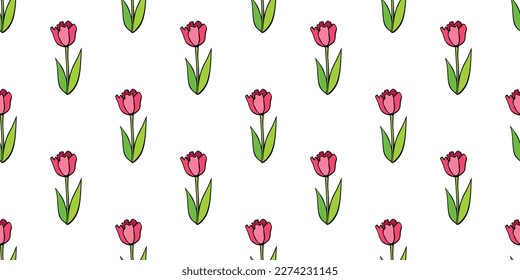 Vector seamless pattern with red tulip flowers. Hand drawn doodle cute bright texture, backdrop for wrapping paper, textile. Topic of spring, blooming nature, holidays design