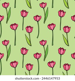 Vector seamless pattern with red tulip flowers. Hand drawn doodle cute bright texture, backdrop for wrapping paper, textile. Topic of spring, blooming nature, holidays design