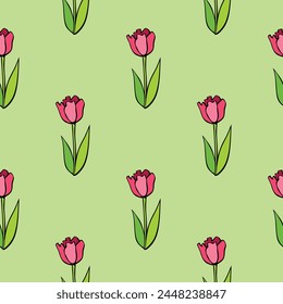 Vector seamless pattern with red tulip flowers. Hand drawn doodle cute bright texture, backdrop for wrapping paper, textile. Topic of spring, blooming nature, holidays design