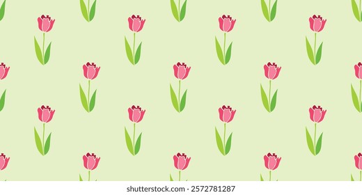 Vector seamless pattern with red tulip flowers. Cute bright texture, backdrop for wrapping paper, textile. Topic of spring, blooming nature, holidays design