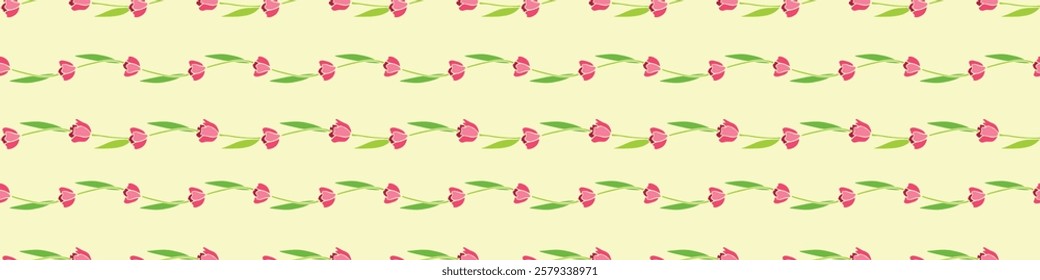 Vector seamless pattern with red tulip flowers. Cute spring texture, background. For wrapping paper, textile, greeting card, wedding, birthday, mother's or women's or Valentine's Day