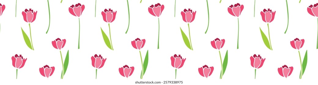 Vector seamless pattern with red tulip flowers. Cute bright texture, backdrop for wrapping paper, textile. Topic of spring, blooming nature, holidays design